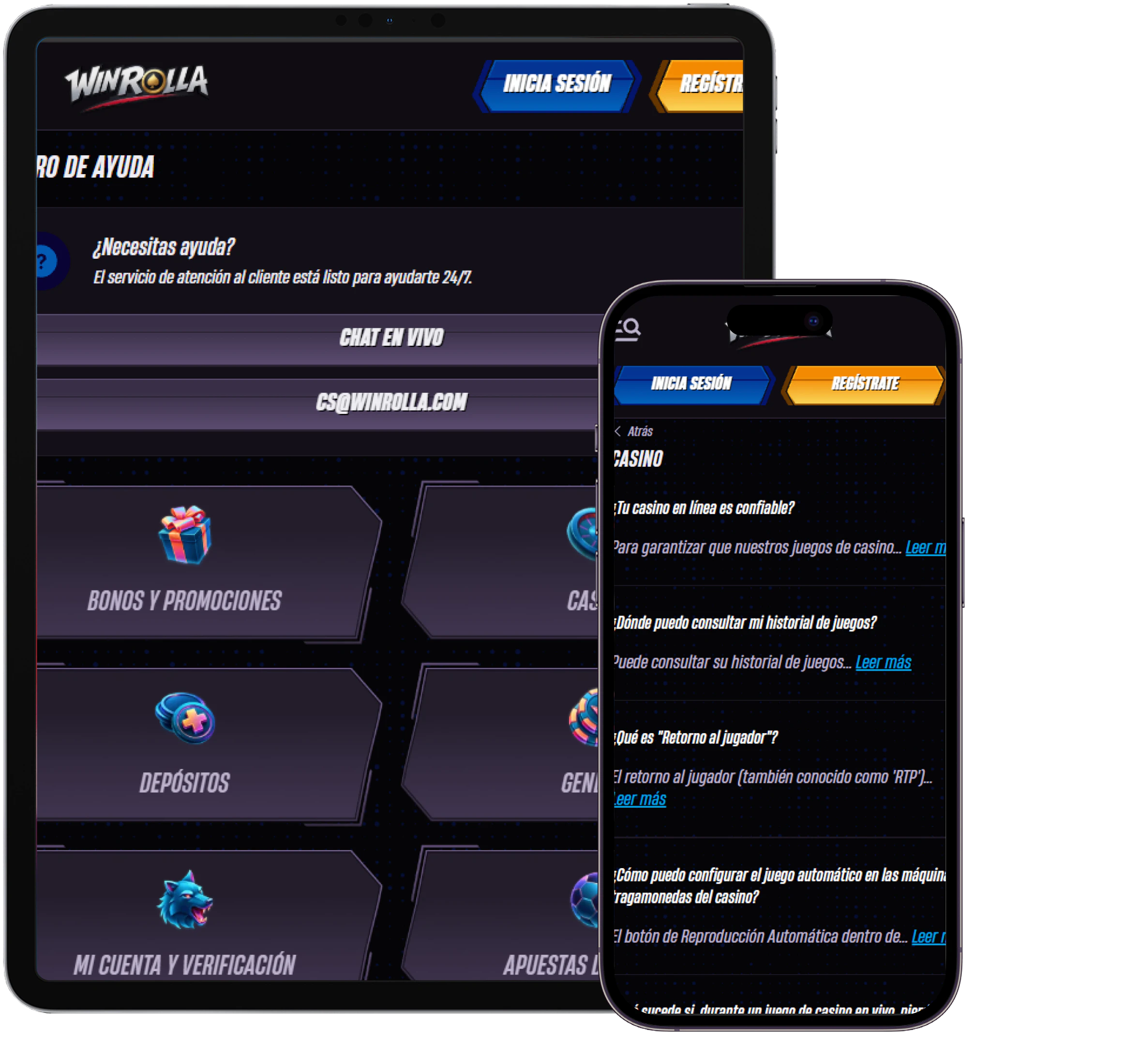 Winrolla Casino centro de ayuda en versión móvil